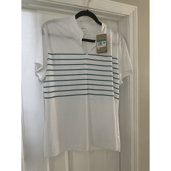 NWT Nike Women’s Size XL Dri-FIT Victory Golf Polo White/Green Stripe V-Neck - Picture 2 of 9